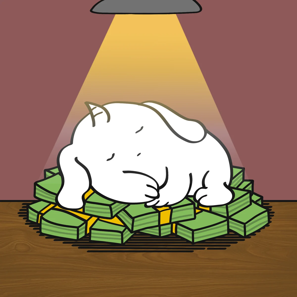Wilde asleep on stacks of cash under a desk lamp