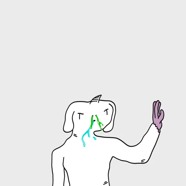Wilde crying with a runny nose, one hand raised